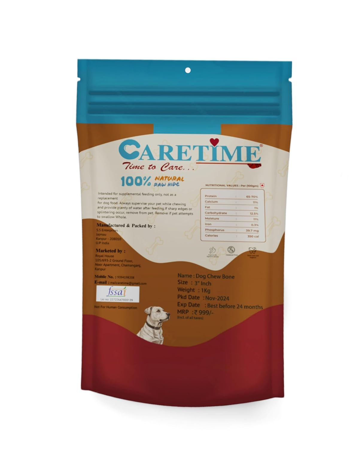 CARETIME Natural Rawhide Dog Dental Care Bone Promotes Healthy Teeth & Gums Long Lasting Chew Premium Dog Treat Healthy & Durable Dog Bones 1 kg,(Pack of 1) (28 to 31 Pieces in one Pouch)