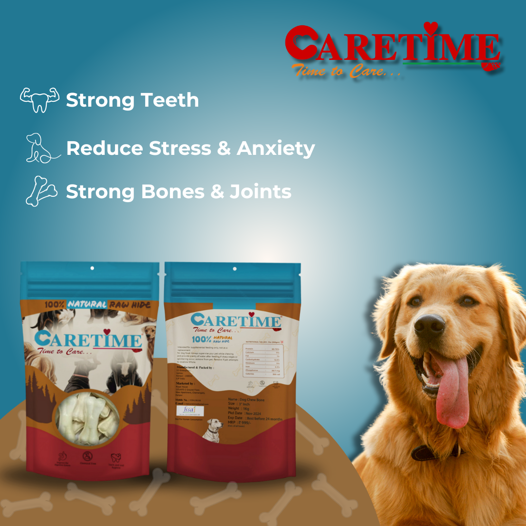 CARETIME Natural Rawhide Dog Dental Care Bone Promotes Healthy Teeth & Gums Long Lasting Chew Premium Dog Treat Healthy & Durable Dog Bones 1 kg,(Pack of 1) (28 to 31 Pieces in one Pouch)