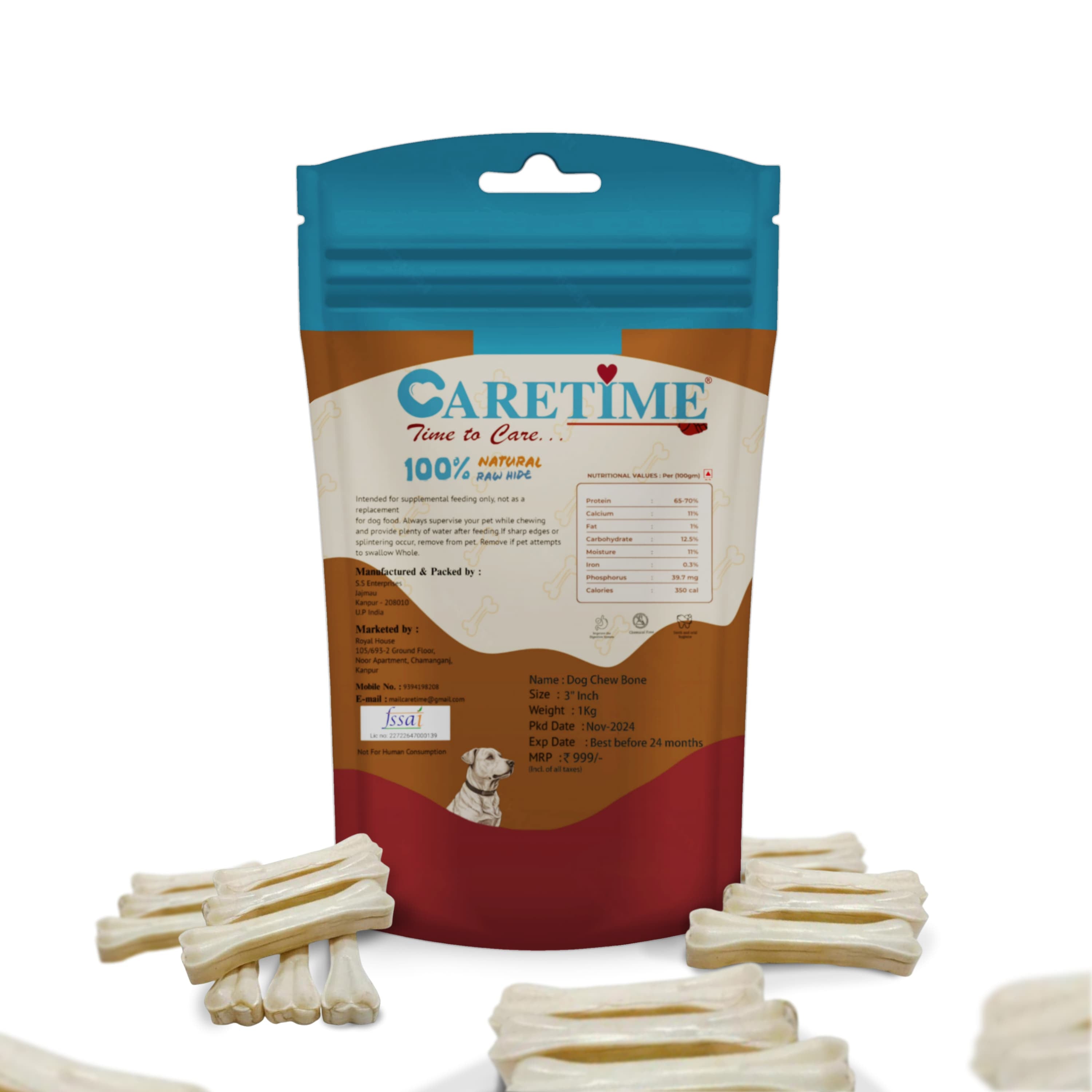 CARETIME Natural Rawhide Dog Dental Care Bone Promotes Healthy Teeth & Gums Long Lasting Chew Premium Dog Treat Healthy & Durable Dog Bones 1 kg,(Pack of 1) (28 to 31 Pieces in one Pouch)
