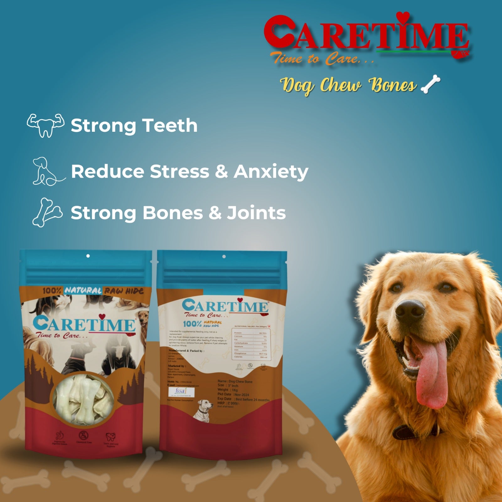 CARETIME Natural Rawhide Dog Dental Care Bone Promotes Healthy Teeth & Gums Long Lasting Chew Premium Dog Treat Healthy & Durable Dog Bones 1 kg,(Pack of 1) (28 to 31 Pieces in one Pouch)
