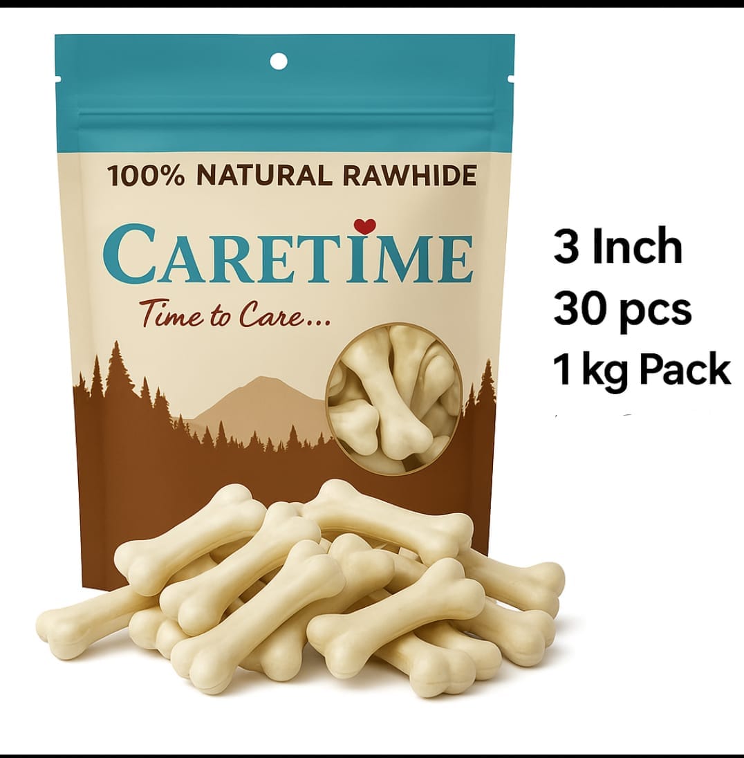 CARETIME Natural Rawhide Dog Dental Care Bone Promotes Healthy Teeth & Gums Long Lasting Chew Premium Dog Treat Healthy & Durable Dog Bones 1 kg,(Pack of 1) (28 to 31 Pieces in one Pouch)
